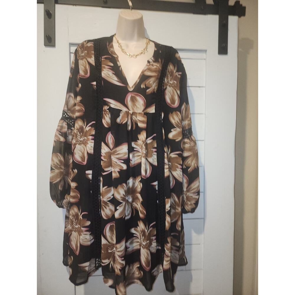 Entro Women's Black/Brown Floral Print Mini Dress Size Large Embroidered - Picture 2 of 16